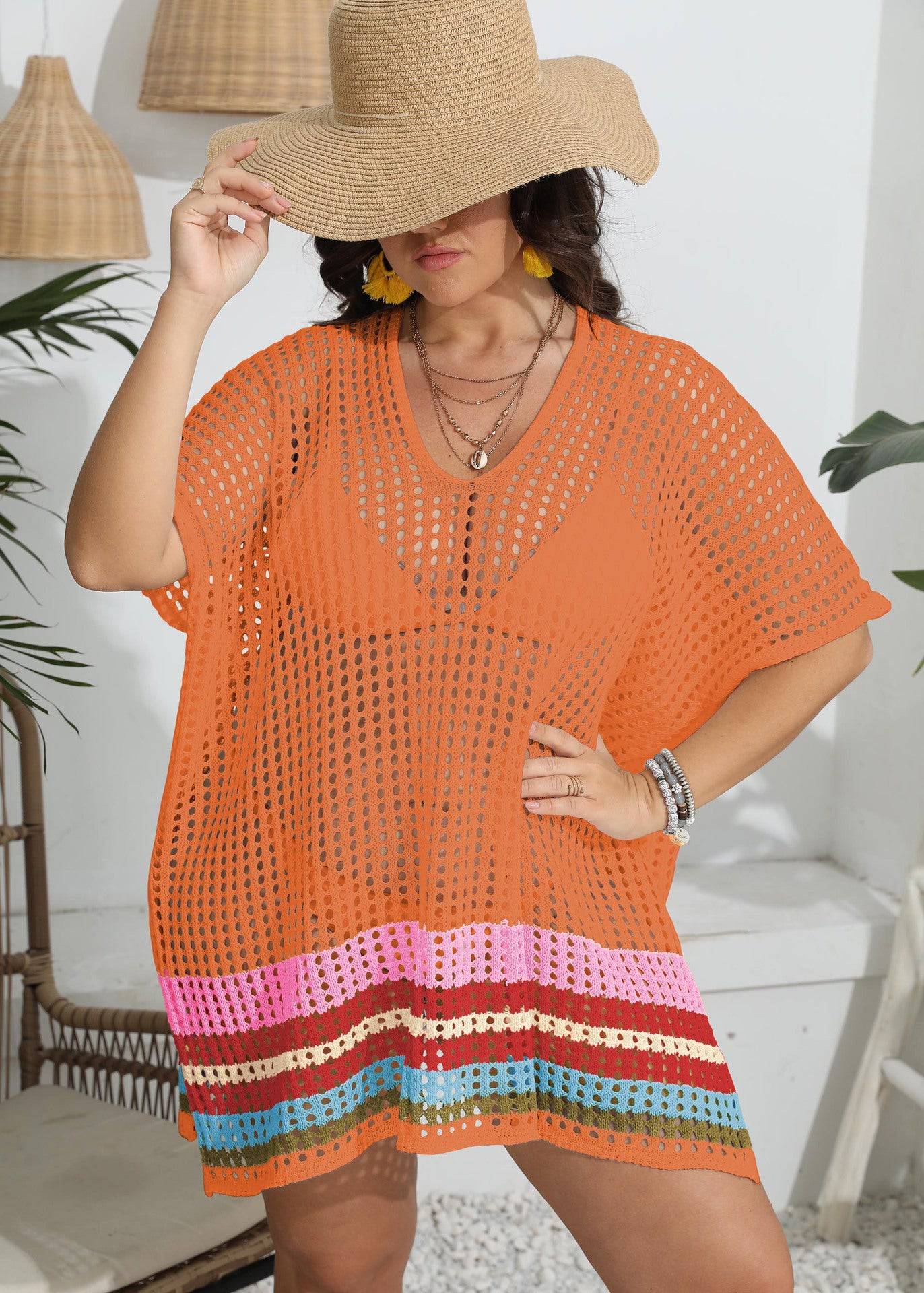 Summer Sheer Beach Dress with Color Contrast Patchwork  One Size Orange 