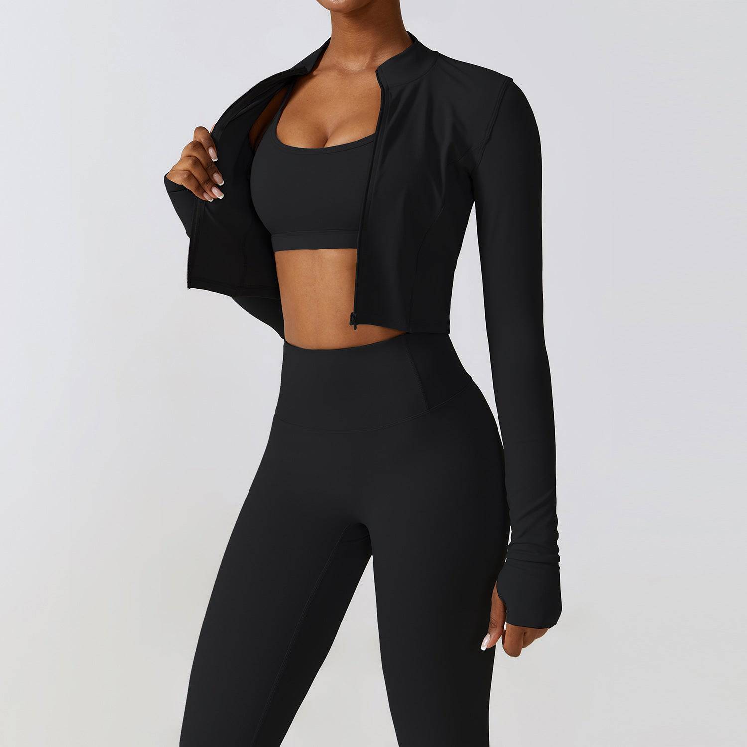 Elevate Your Active Style Three Piece Yoga Set  S Bra Coat Trousers High-Grade Black 