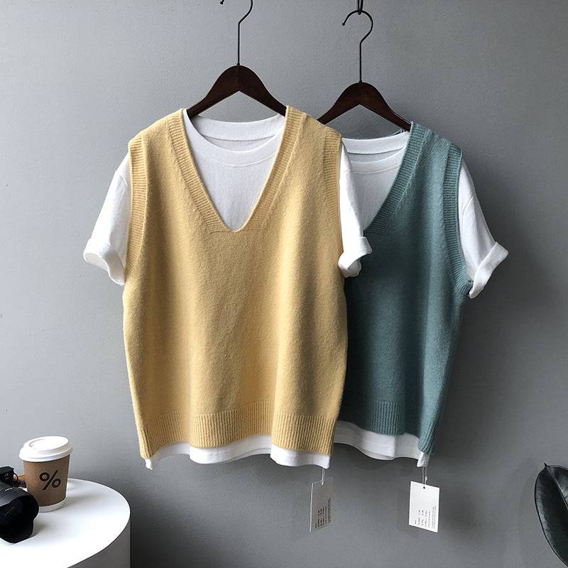 Knitted Vest Women Spring Preppy V neck Loose Idle Sleeveless Waistcoat  One Size Duck Yellow 