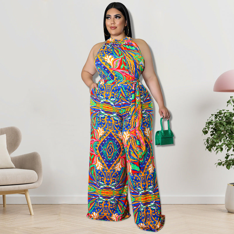 Plus Size Women Clothes Printing Collar Jumpsuit - Wild Amber Fashion