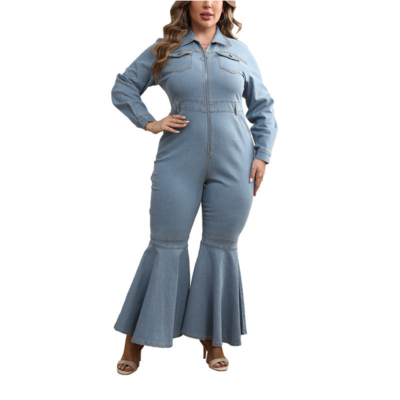 Plus Size Women Denim Zipper Collared Long Sleeve Flared Jumpsuit - Wild Amber Fashion