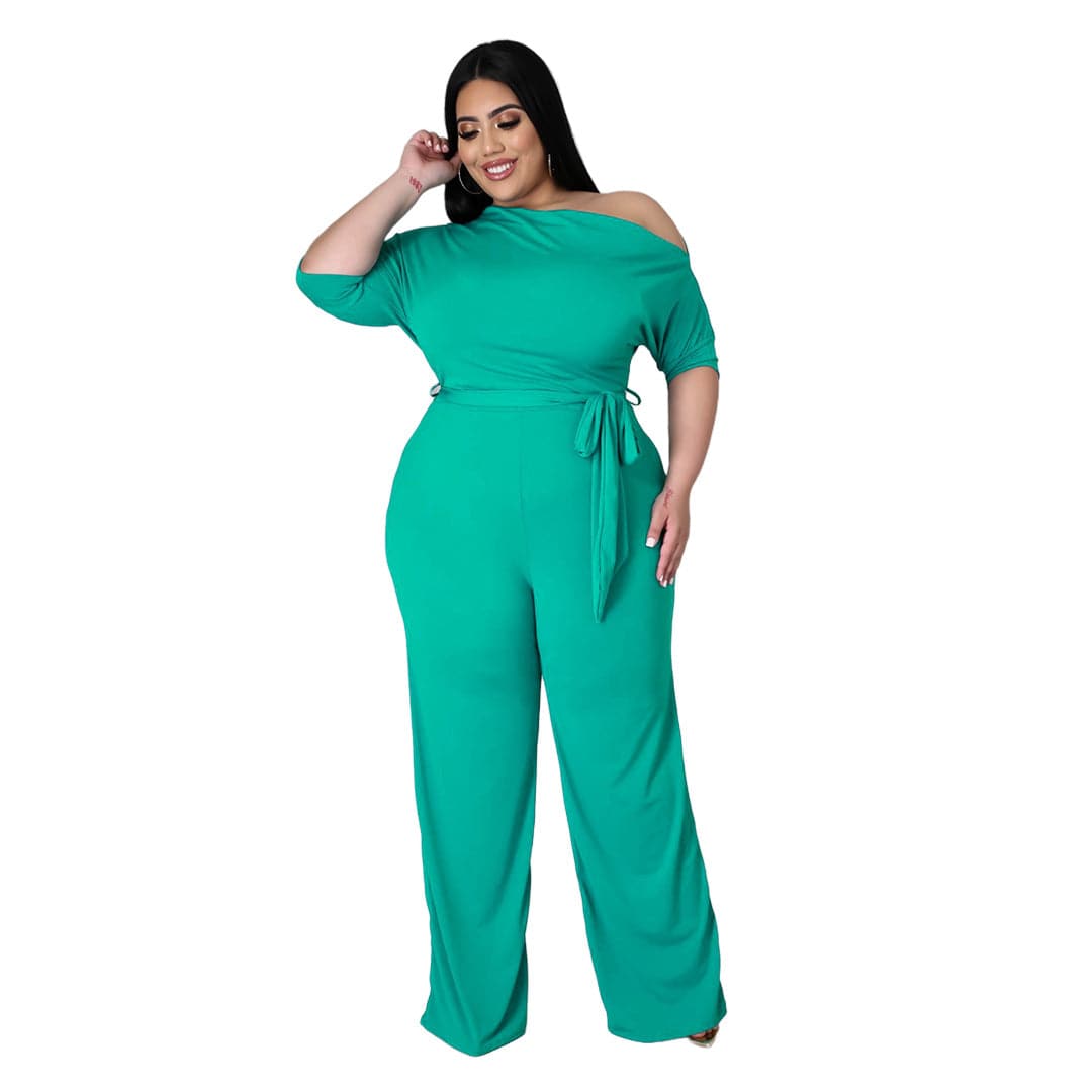 Trendy Plus Size Lace-Up Horn Jumpsuit for Women with Oblique Shoulder Design  XL Turquoise 