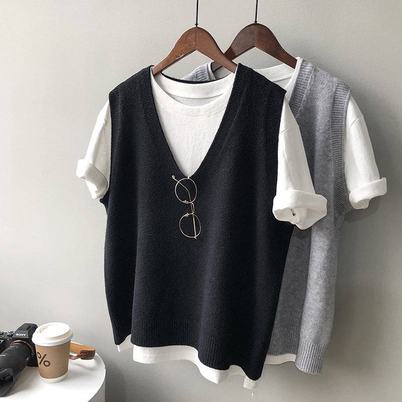 Knitted Vest Women Spring Preppy V neck Loose Idle Sleeveless Waistcoat  One Size Black 