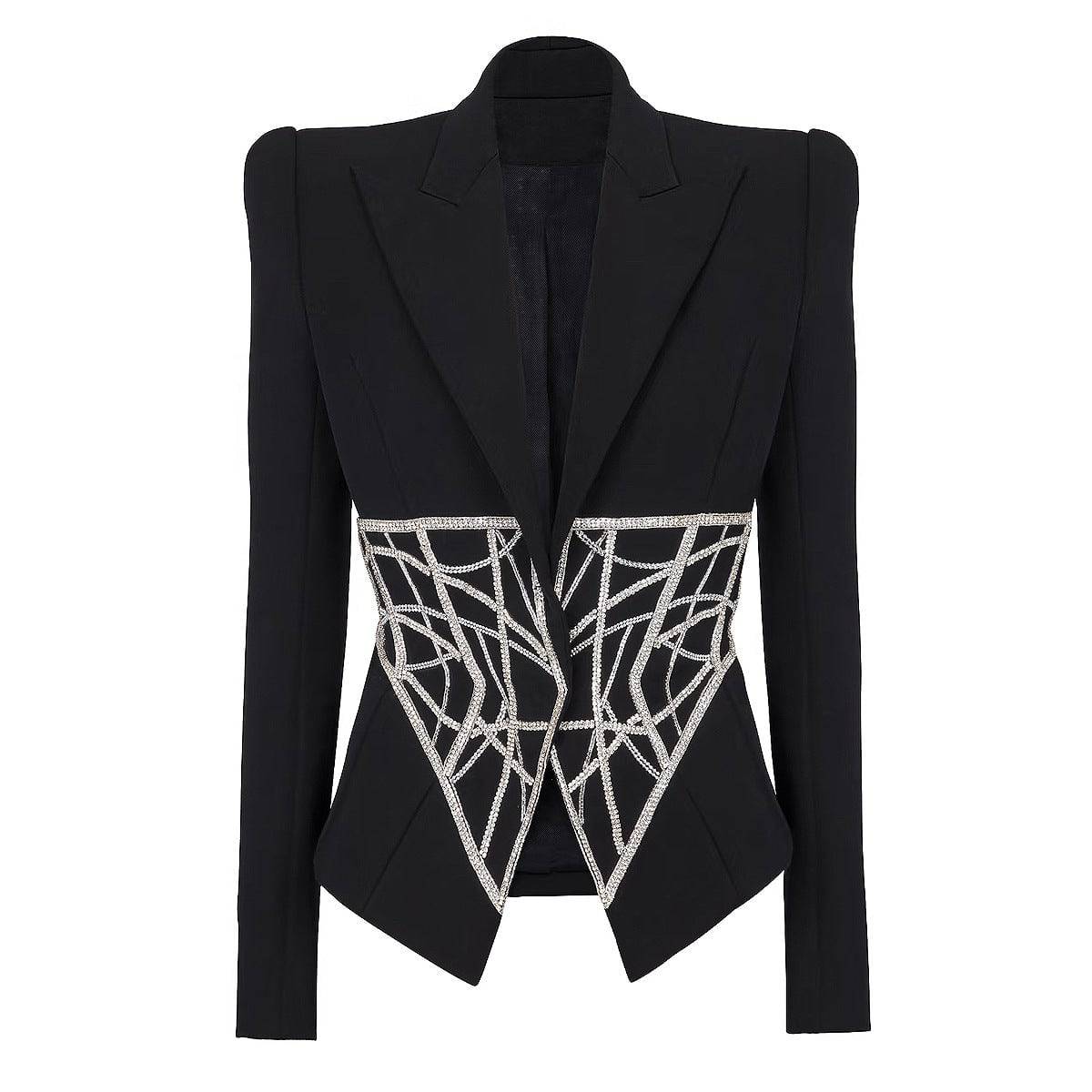 Elegant Rhinestone Embellished Women's Business Blazer Top with Slimming Waist  S Black 