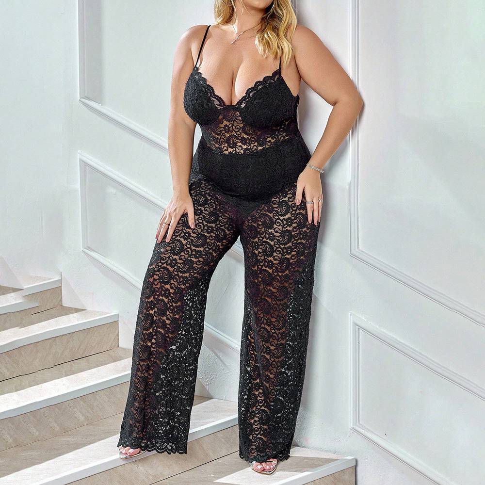 Plus Size Spring Summer Women Clothes Jumpsuit Lace Hollow Out Cutout Deep V Plunge Casual Sling Straight Jumpsuit - Wild Amber Fashion