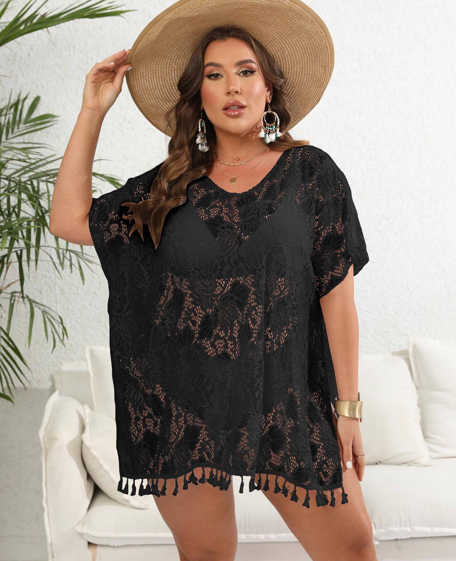 Plus Size Sexy Lace Beach Bikini Cover-Up Blouse with Tassels  One Size Black 