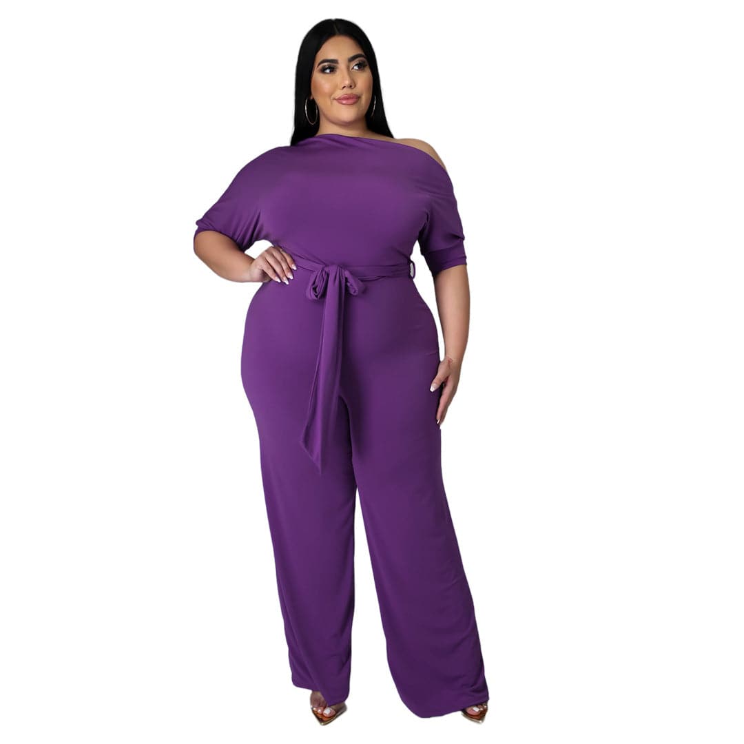 Trendy Plus Size Lace-Up Horn Jumpsuit for Women with Oblique Shoulder Design  XL Purple 