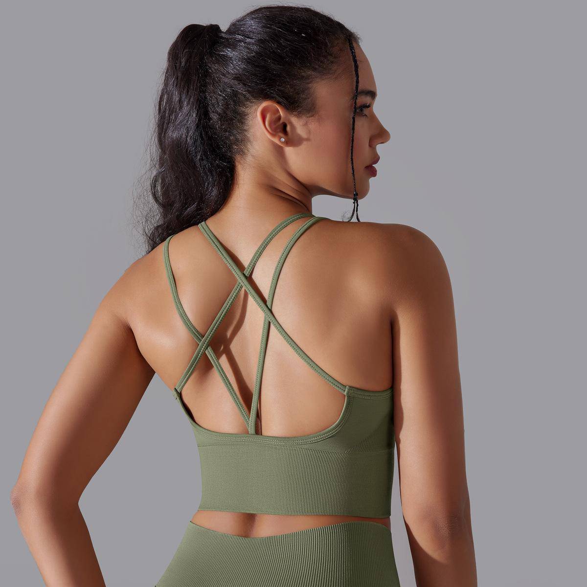 Solid Color Cross Beauty Back Exercise Bra with Shockproof Support  S Cross Bra-Green-Gray 