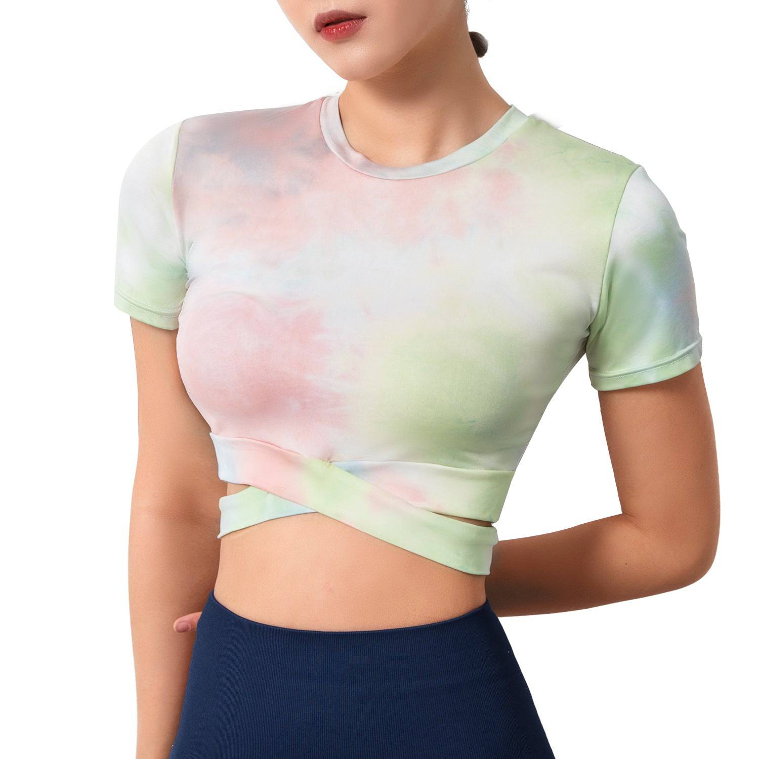 Trendy Tie Dye Cropped Yoga Tee with Cutout Detail  S Tie-Dyed Green 