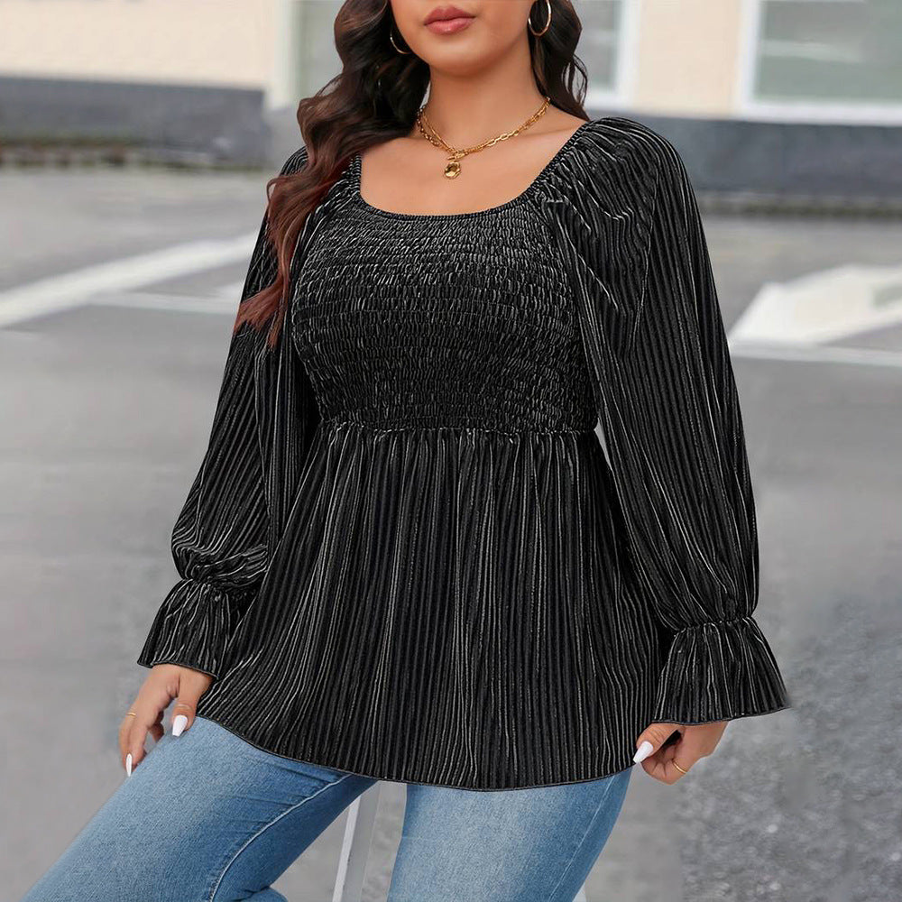 Plus Size Women Square Collar Flare Sleeve T Shirt Autumn Winter Elegant Waist Slimming Velvet Top - Wild Amber Fashion