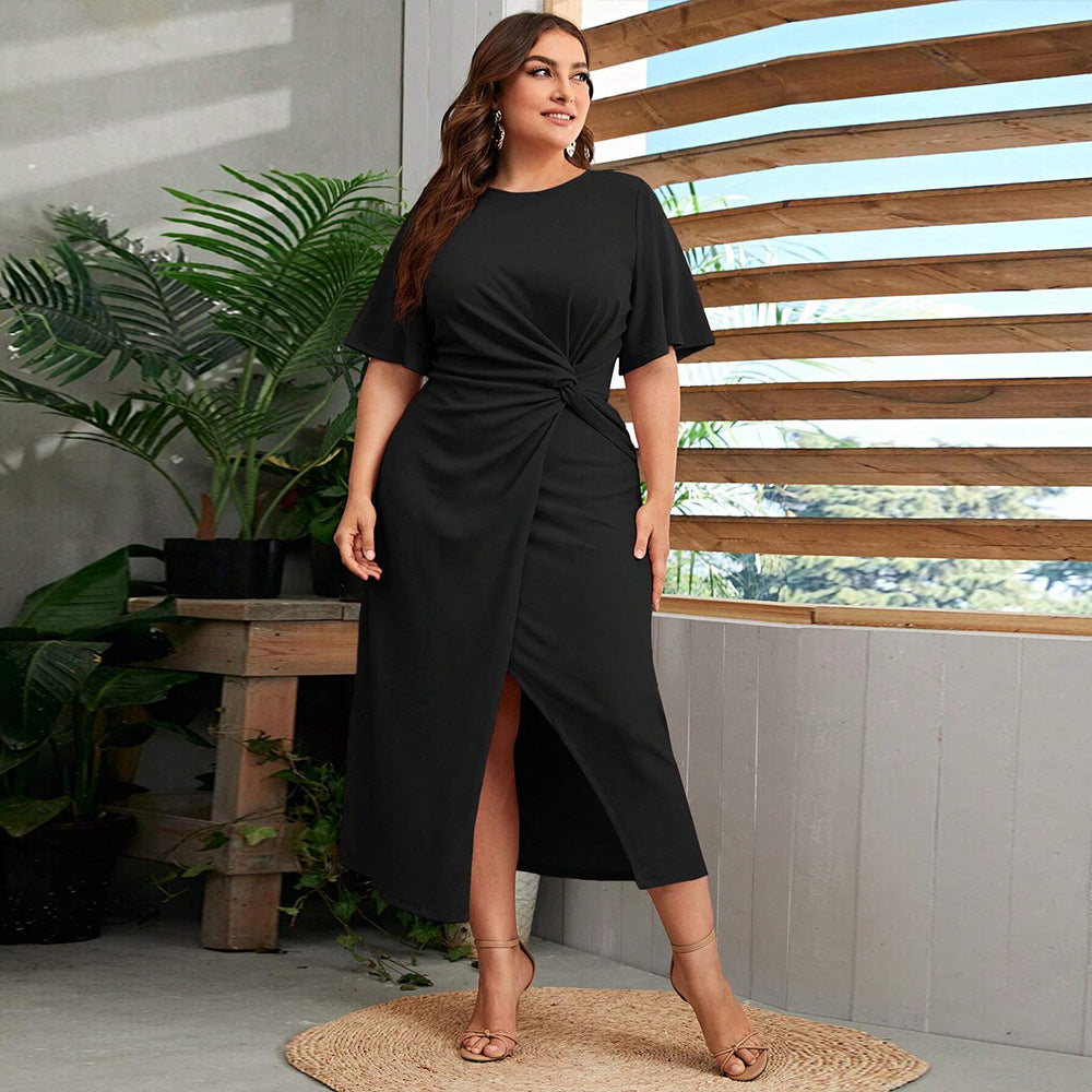 Plus Size Women Clothing Round Neck Pleated Dress Summer Elegant All Match A Line Midi Dress - Wild Amber Fashion