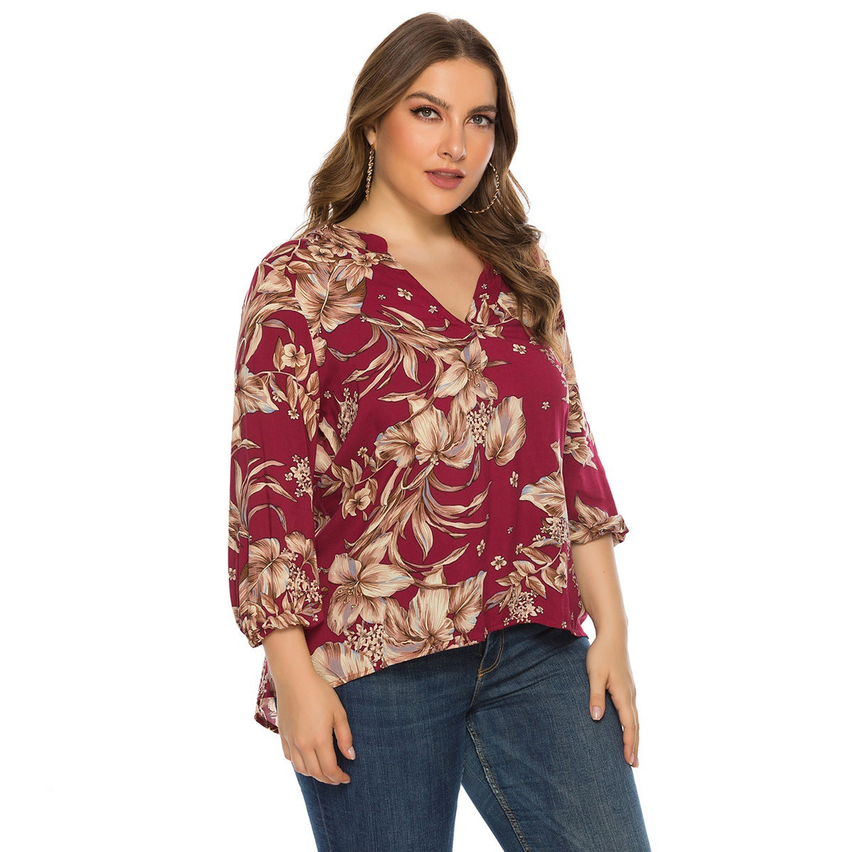 Plus Size Women Clothing Spring Autumn Long Sleeve V neck Printed Rayon Top - Wild Amber Fashion