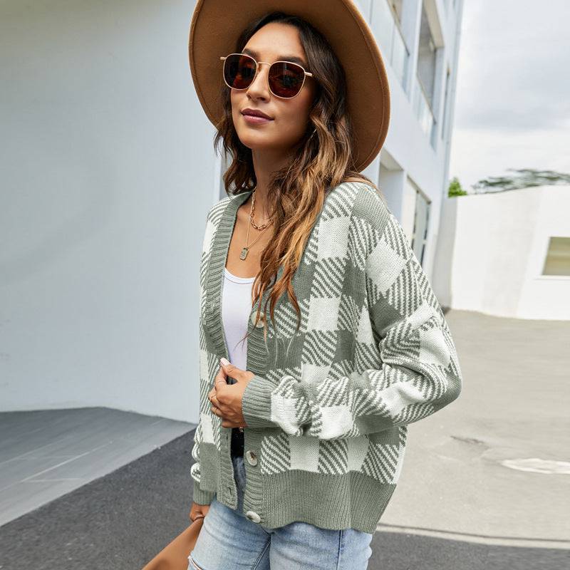 V-Neck Plaid Knitted Cardigan for Women: Loose Autumn/Winter Sweater Coat  S Green 