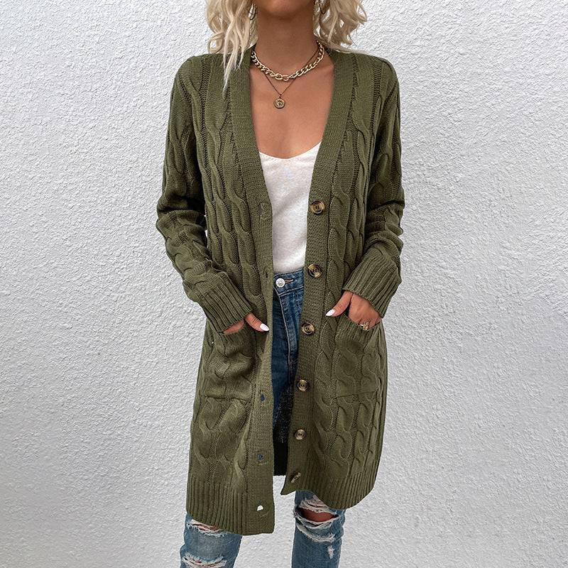 Knitwear Autumn Winter Long Cable-Knit Sweater Women Button Cardigan  S Army Green 