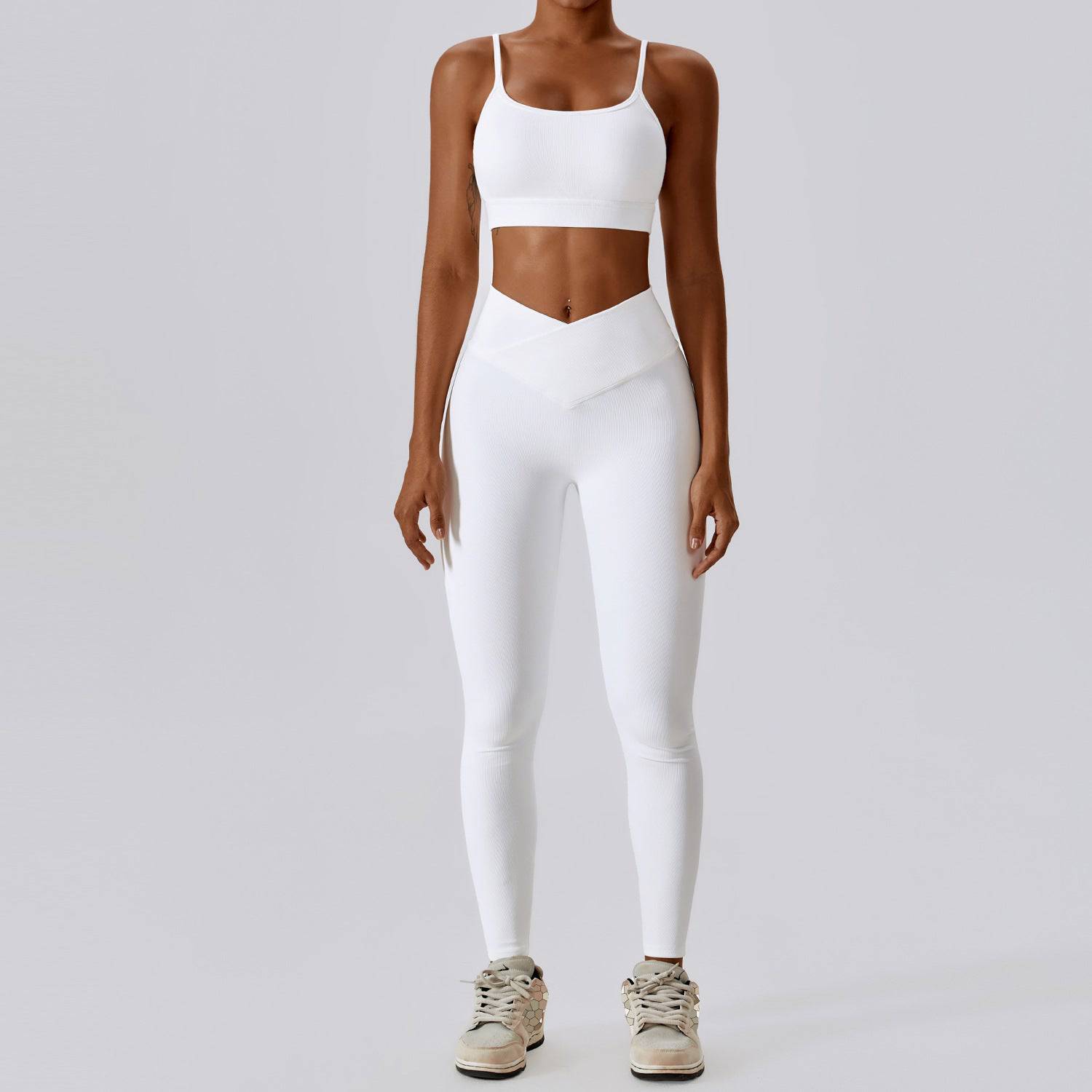 High-Rise Slim Fit Quick Drying Yoga Suit with Lace-Up Detail and Cutout Design  S -1 Bra Trousers Swan White 