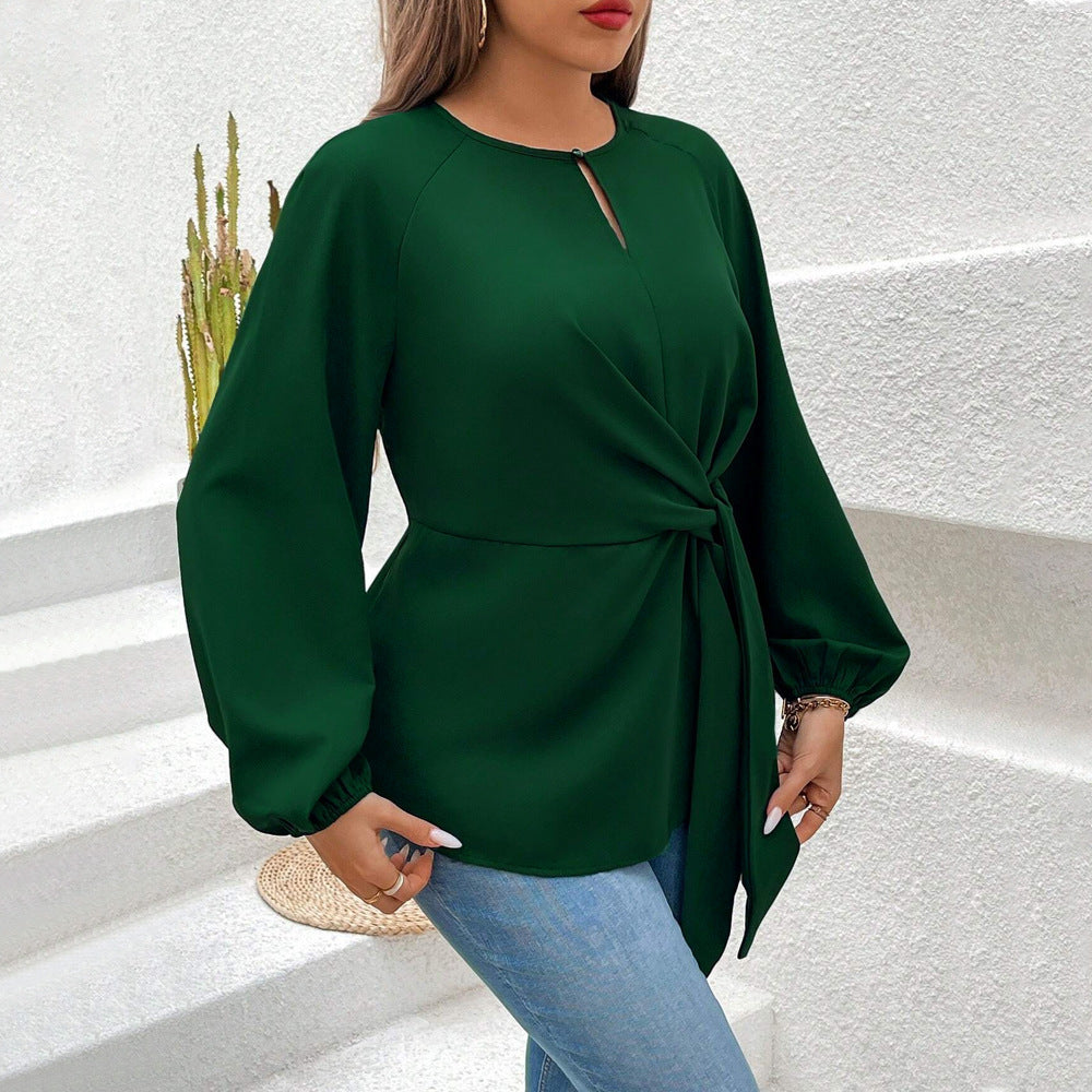 Plus Size Women Elegant T Shirt Fall Winter Slim Lace Up Long Sleeve Bottoming Top - Wild Amber Fashion