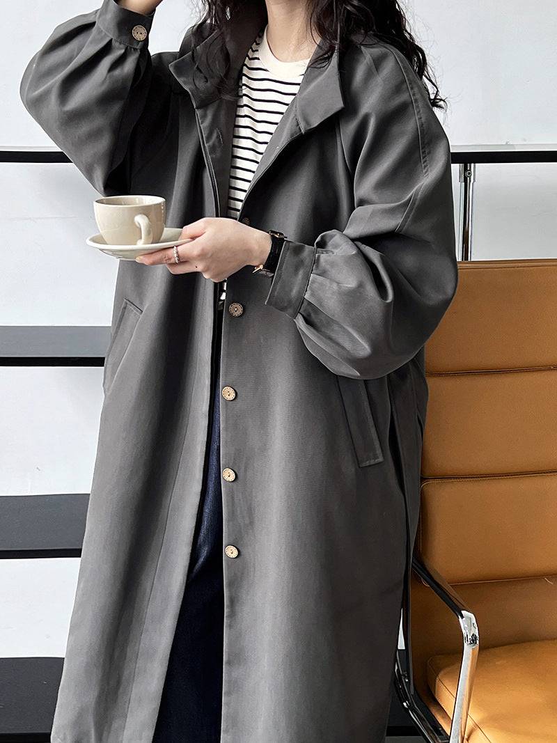 Korean Style Loose Fit Spring/Fall Trench Coat with Puff Sleeves and Waist Control  S Graphite Gray 