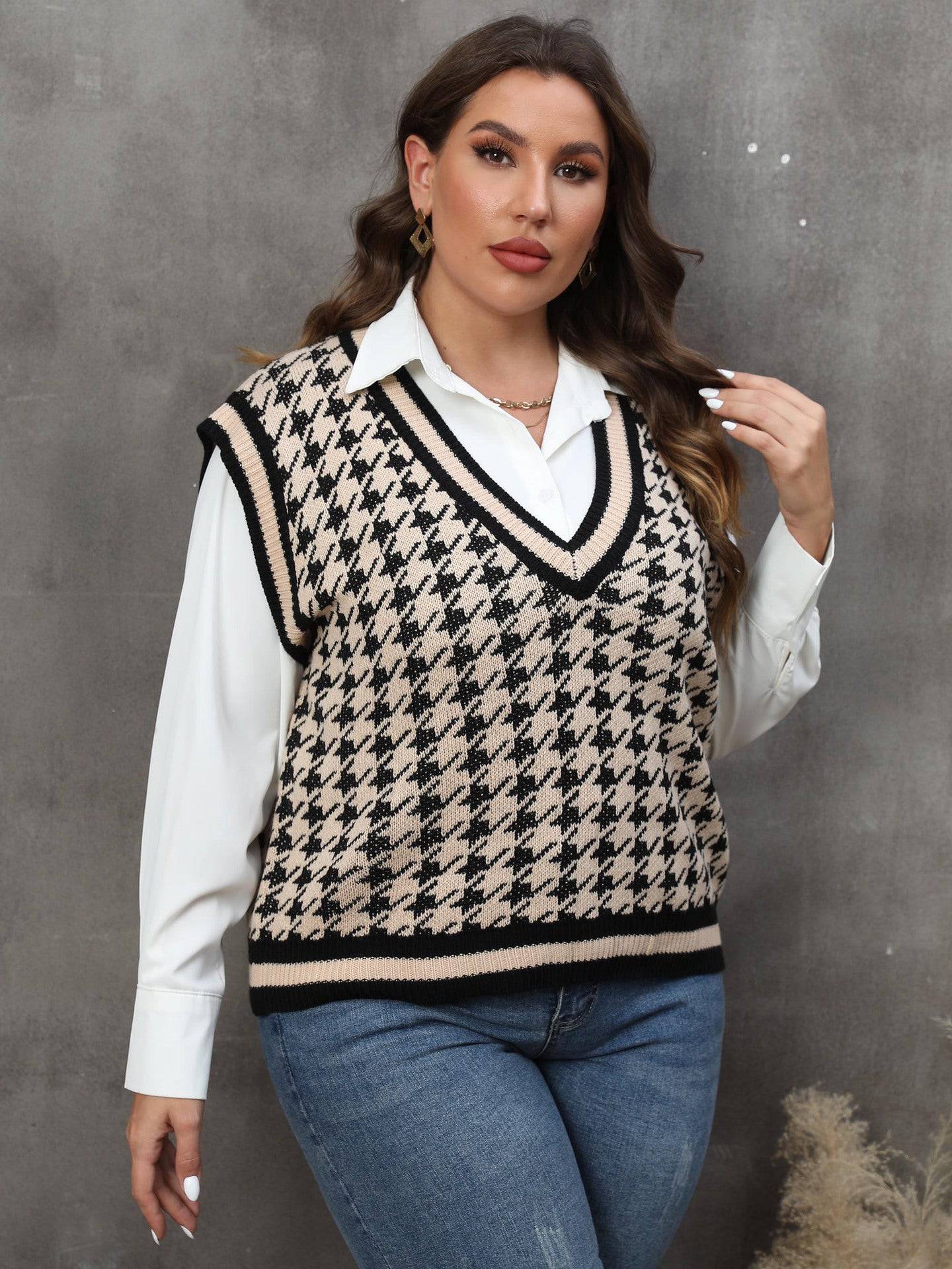 Plus Size Women Clothes Striped Color Contrast Patchwork Houndstooth Casual Vest Vest Top - Wild Amber Fashion