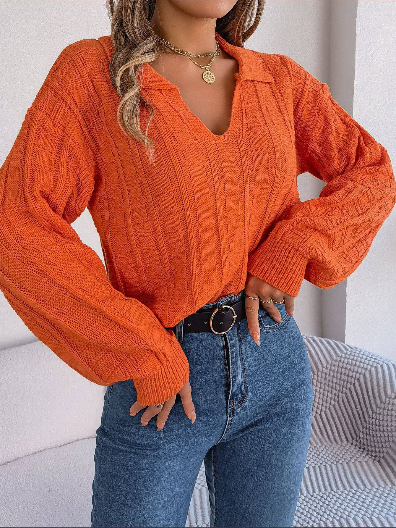 Polo Collar Plaid Knit Pullover Sweater for Cozy Comfort  S Orange 