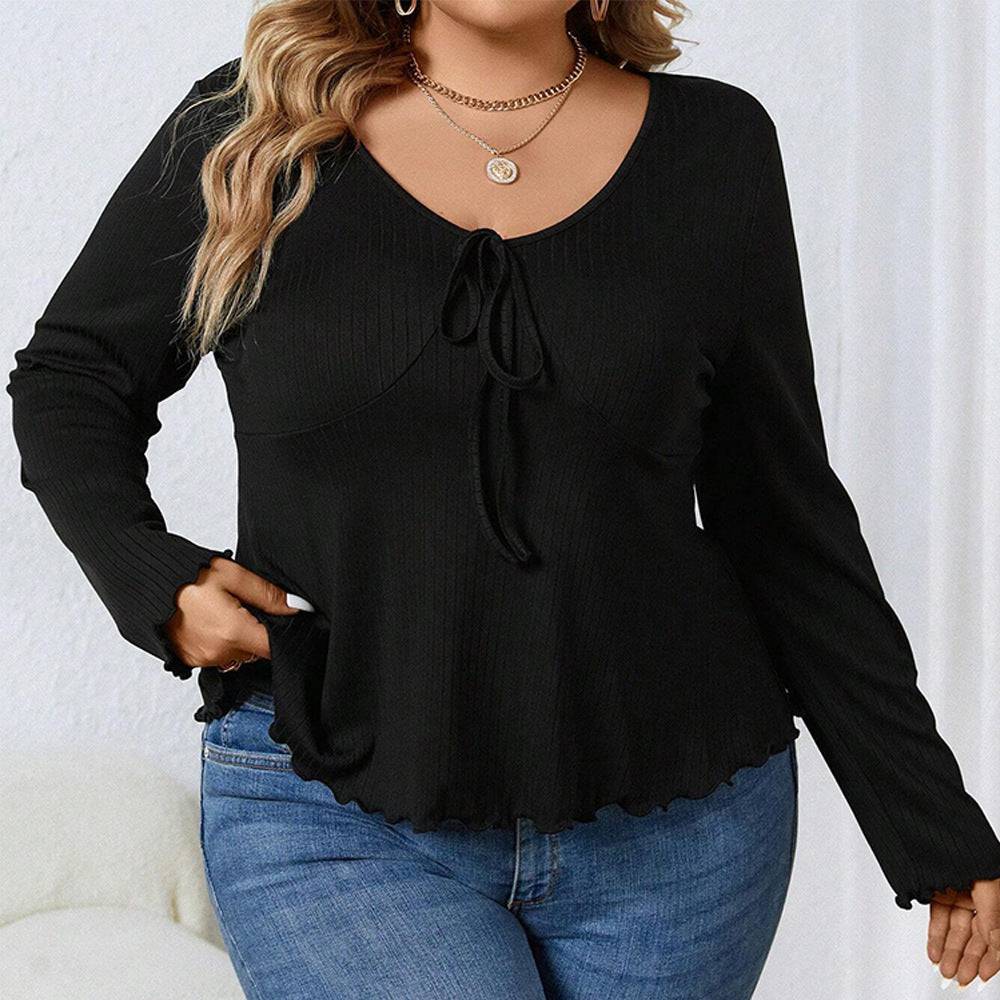 Flattering V-Neck Plus Size Long-Sleeved T-Shirt for Autumn and Winter  1XL Black 