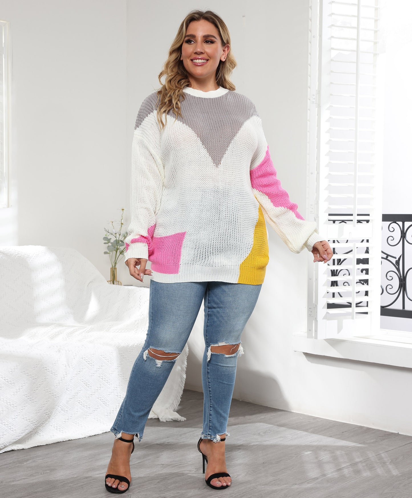 Plus Size Women Clothes Color Contrast Patchwork Loose Casual Pullover Sweater - Wild Amber Fashion