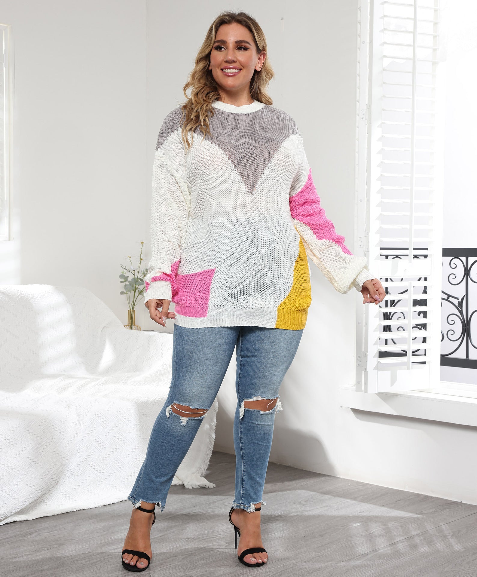 Plus Size Women Clothes Color Contrast Patchwork Loose Casual Pullover Sweater - Wild Amber Fashion