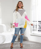 Plus Size Women Clothes Color Contrast Patchwork Loose Casual Pullover Sweater - Wild Amber Fashion