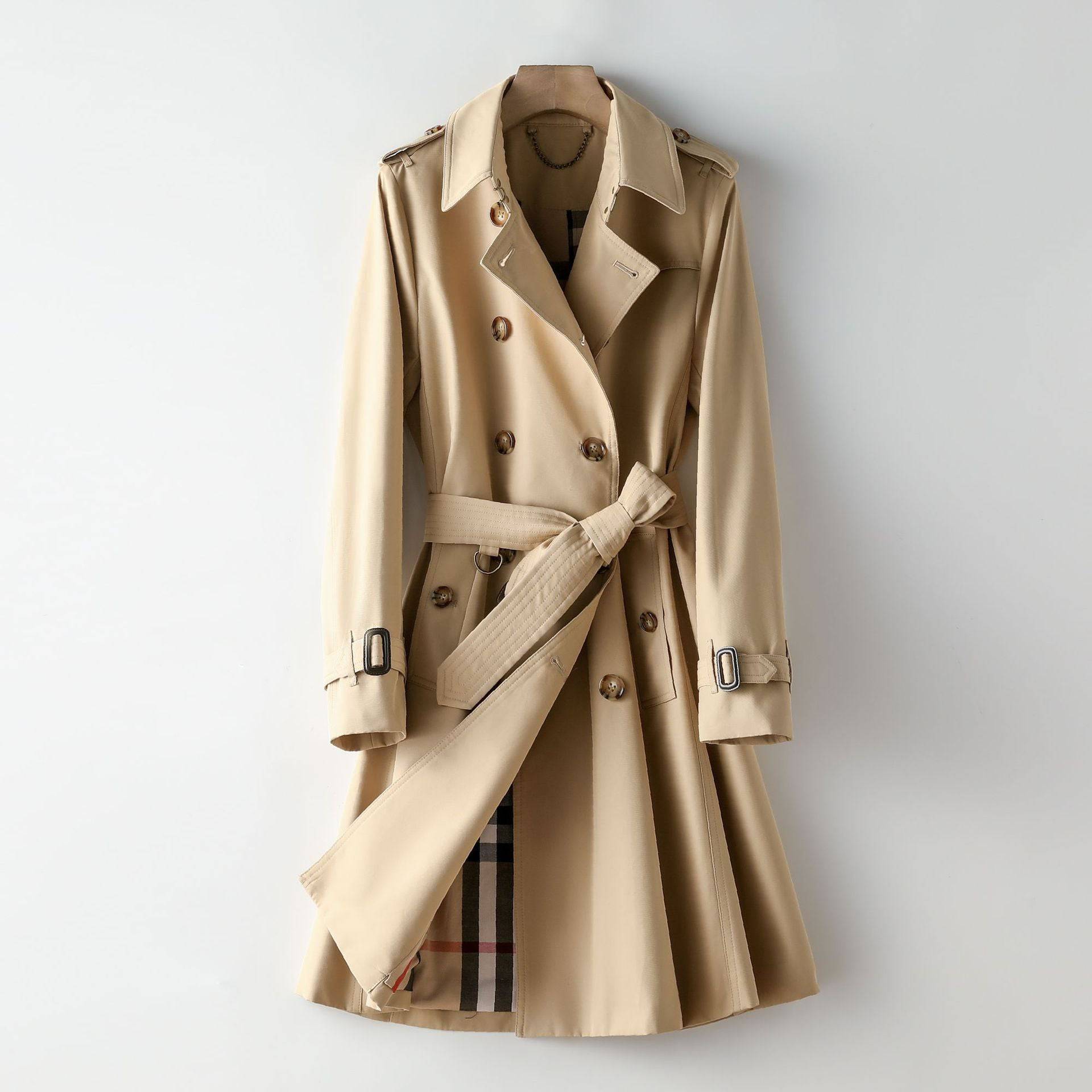 Long Elegant British Trench Coat for Women  S Khaki 