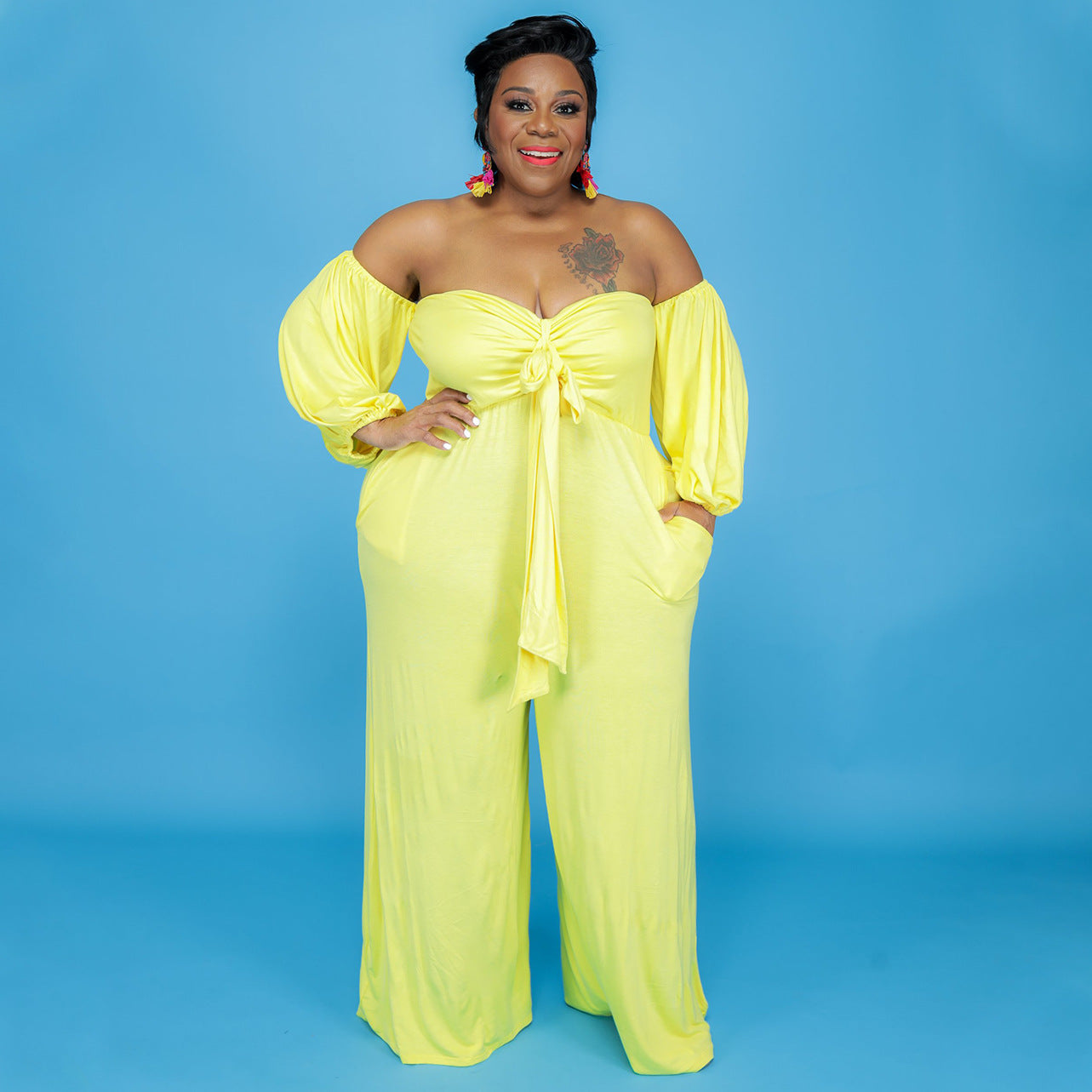 Plus Size Sexy Tube Top Solid Color Jumpsuit Wide Leg Pants - Wild Amber Fashion