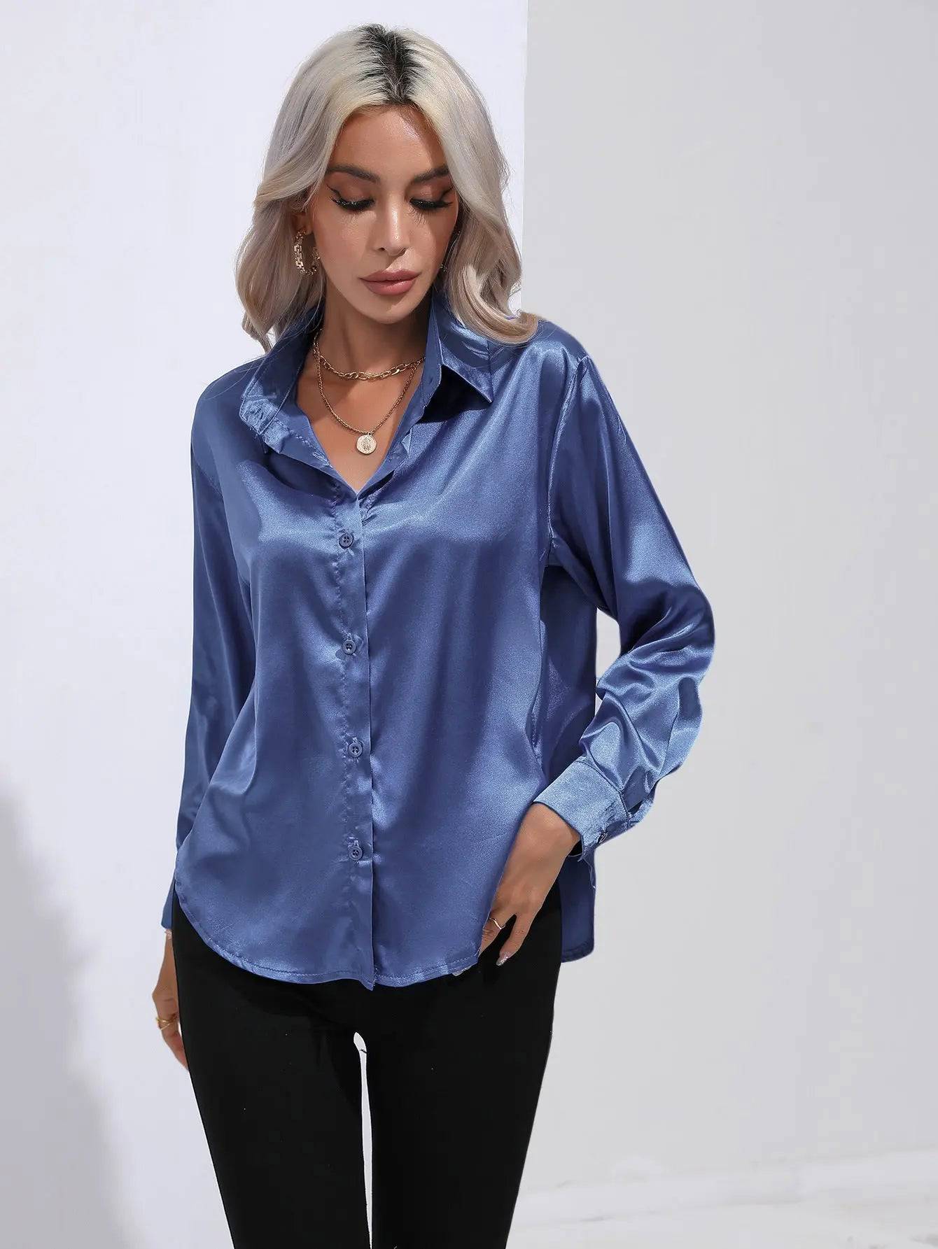 Elegant Satin Long Sleeve Shirt for Women - Spring/Summer Collection  S Blue 