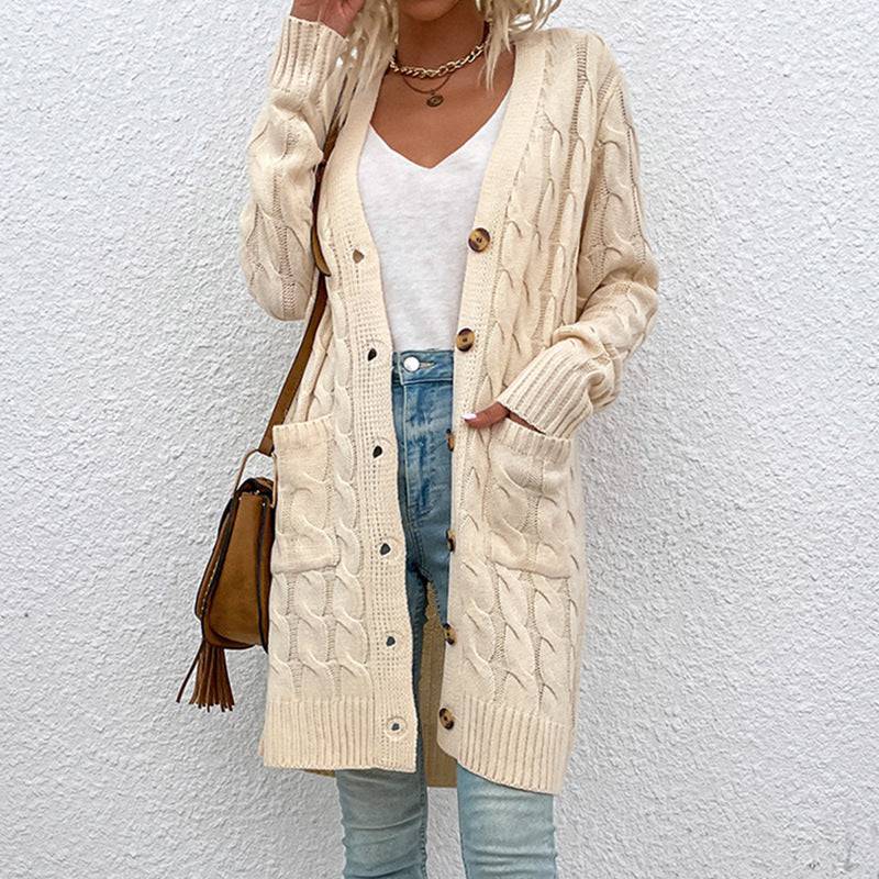 Knitwear Autumn Winter Long Cable-Knit Sweater Women Button Cardigan  S White 