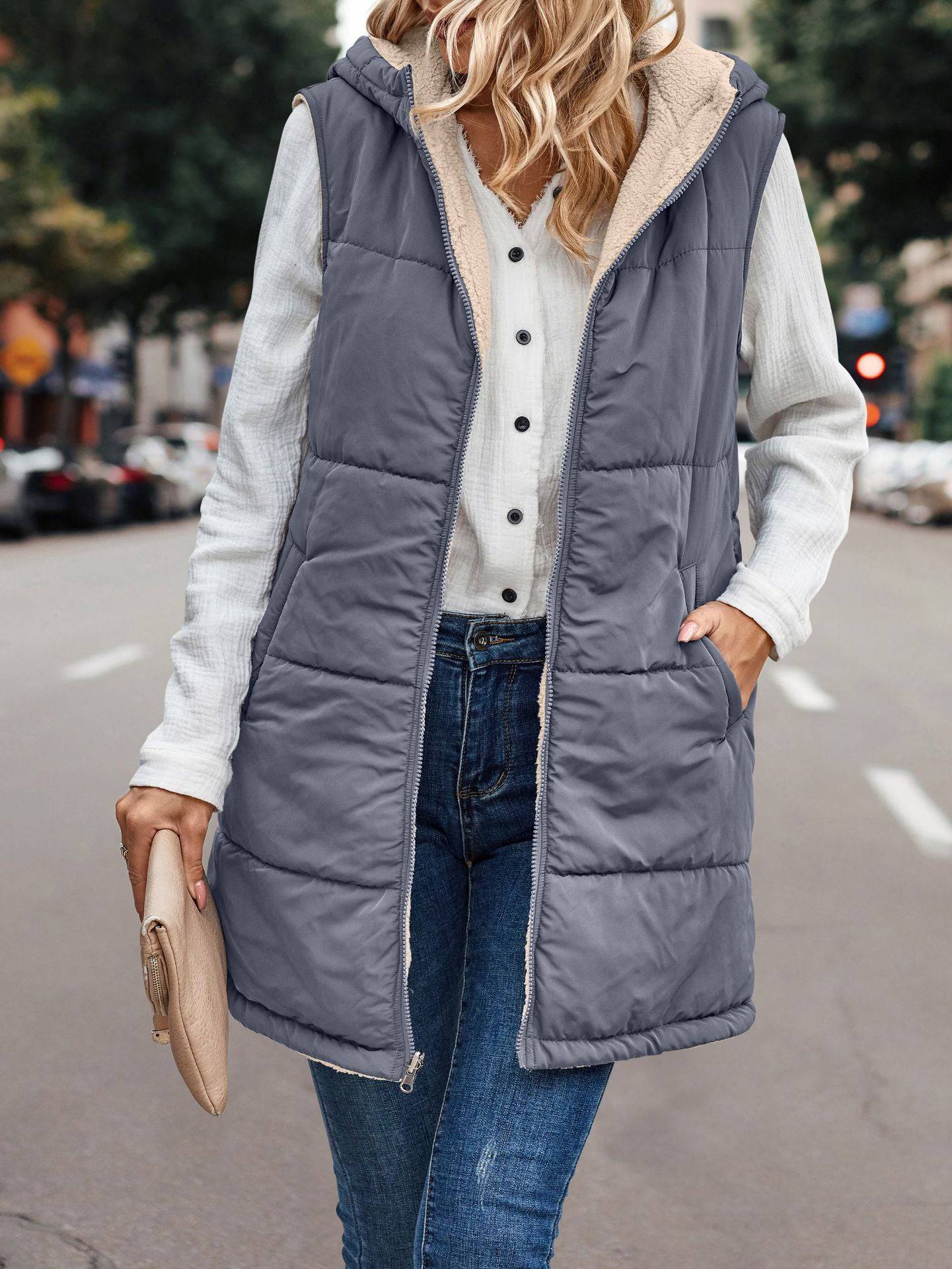 Simple Stitching Plush Double Sided Women's Hooded Vest with Zipper  S The blue-gray 