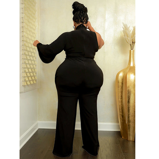 Plus Size Women Solid Color Lace-up Oblique Shoulder Bell Sleeve Jumpsuit - Wild Amber Fashion