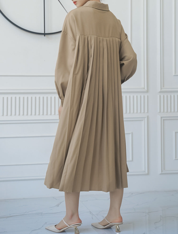 Spring Autumn Loose Overknee Dress Women Casual Large Version Back Pleated Long Shirt Dress - Wild Amber Fashion