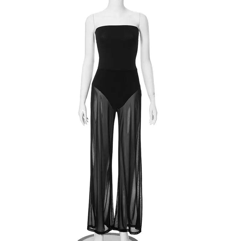 Slim Fit Sleeveless Patchwork See-Through Jumpsuit for Women  S Black 