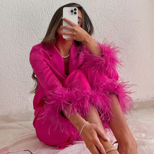 Extravagant Autumn Winter Ostrich Feather Pajama Set for Women  S Rose Red 