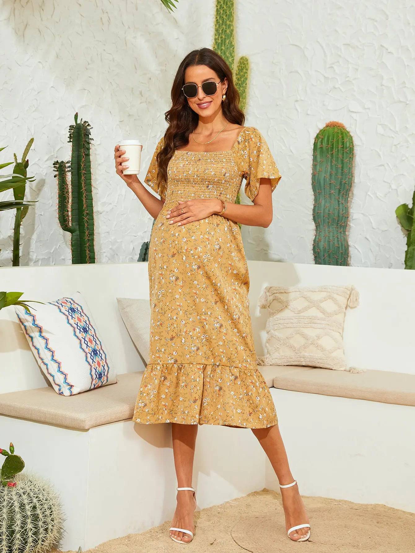 Floral Chiffon Midi Dress with Ruffle Details - Perfect for Summer and Vacation  S Yellow Small Flower 