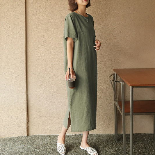 Spring Summer Dress Cotton Linen Niche Women Clothing Cotton Short Sleeve Casual Simple Loose Maxi Dress - Wild Amber Fashion