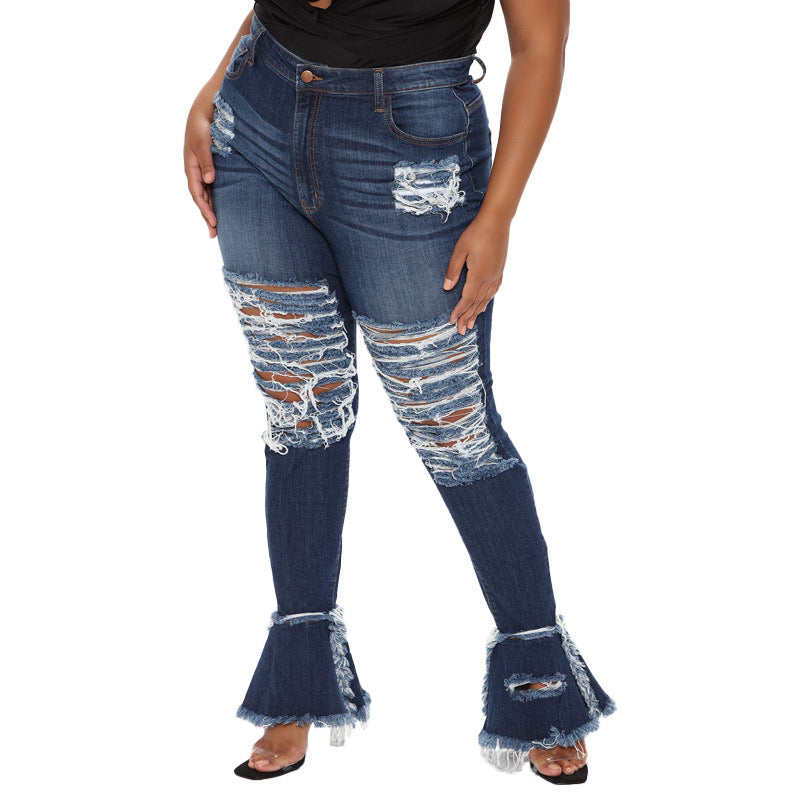 Fashionable Plus Size High Elastic Hole-washed Speaker Street Trends Women's Jeans  S Blue 