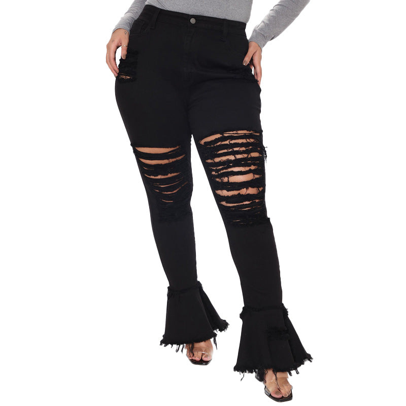 Fashionable Plus Size High Elastic Hole-washed Speaker Street Trends Women's Jeans  S Black 