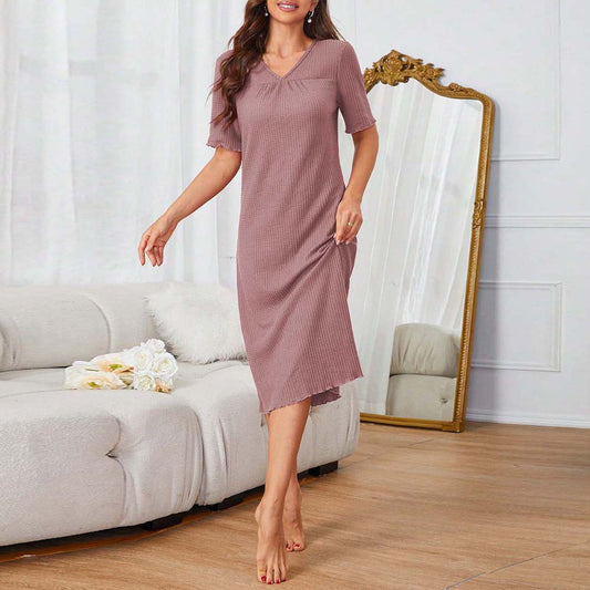 V neck One Step Summer Simple Comfortable High Grade Mid Length Night Dress Women - Wild Amber Fashion