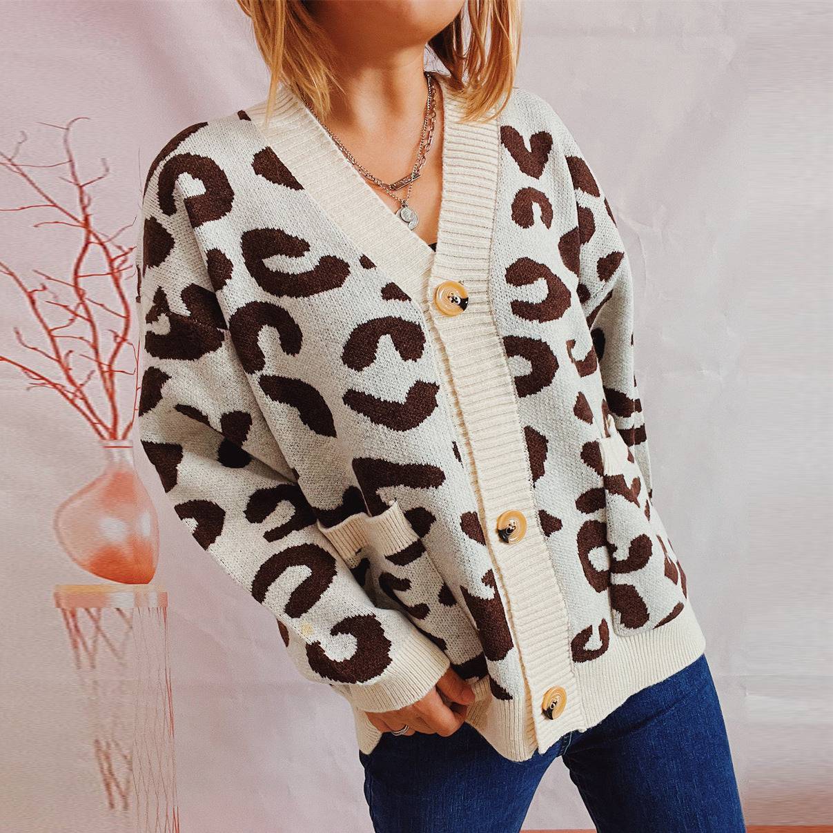 Leopard Print Knitted Sweater Coat for Stylish and Comfortable Winter Fashion  S White 