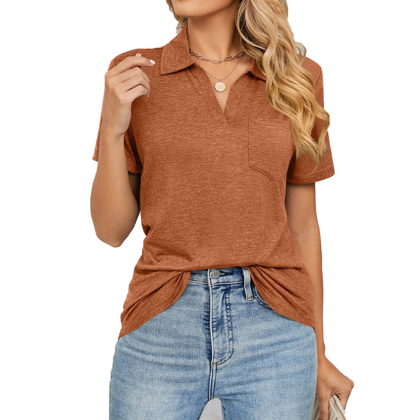 Relaxed Collared Short Sleeve Cotton T-shirt with Pocket Detail for Women  S Brown 