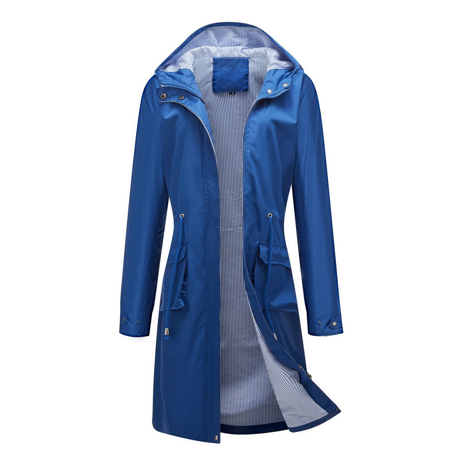 Women's Hooded Waterproof Trench Coat with Striped Lining  S Navy Blue 