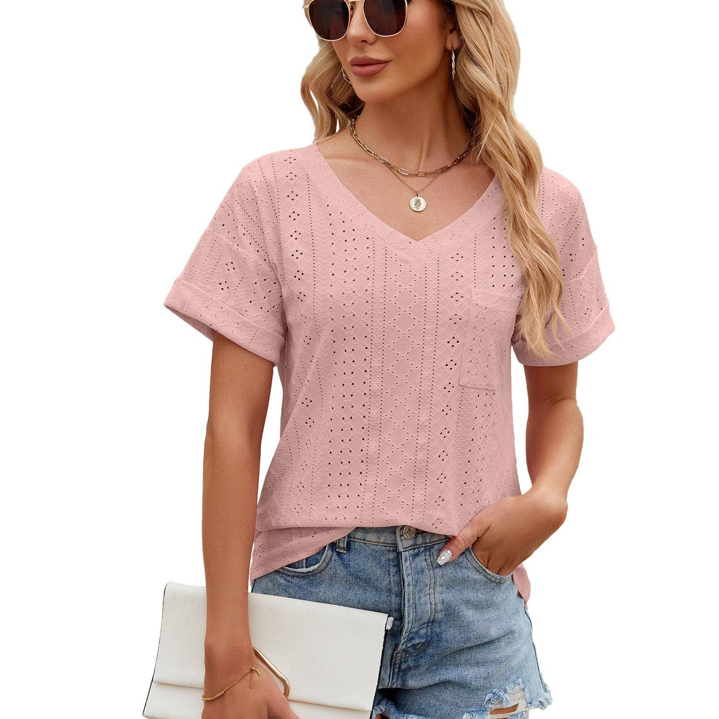 Relaxed V-Neck Short Sleeve Tee for Women  S Pink2 