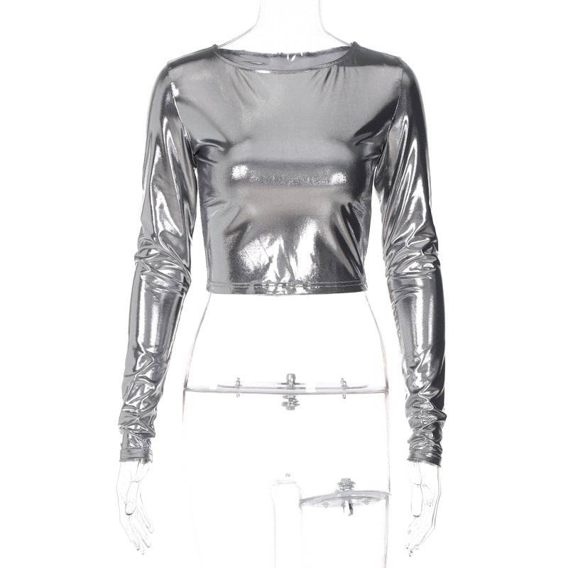 Metallic Coated Long Sleeve Top for Women - Stylish Slim Fit Crop with All-Matching Design  S Gray 