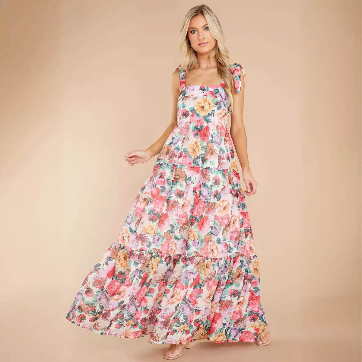 Summer Women Clothing Elegant off Neck Floral Strap Dress - Wild Amber Fashion