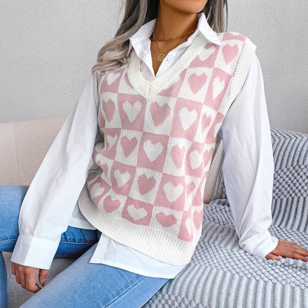 Heart Pattern Knitted Vest Sweater for Women Cozy and Stylish  S Pink 