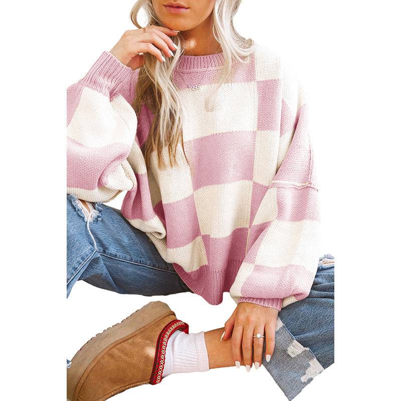 Cozy Plaid Print Crew Neck Sweater for Women  S Pink 