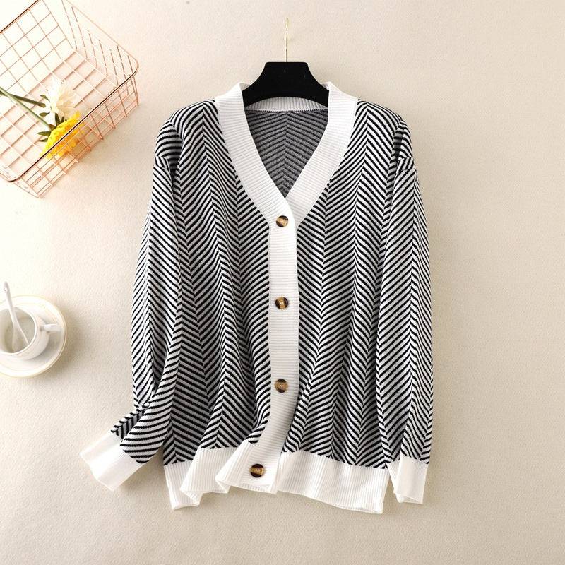 V-Neck Striped Sweater Jacket for Women  One Size White 